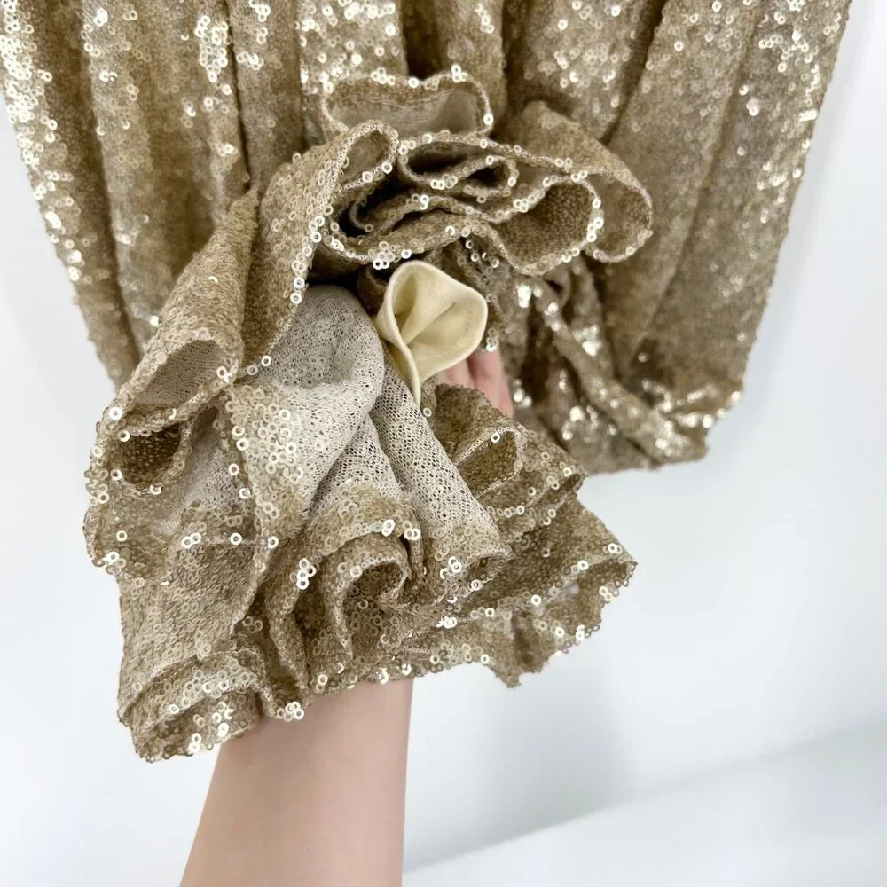 NWT Theia Bridesmaids Gigi Matte Gold Sequins Gown